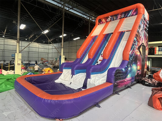 상업용 이중 레인 에어바운스 슬라이드 (풀 포함), 트렌디한 네온/틱톡 테마 건식/습식 슬라이드 (파티 대여 및 이벤트 키즈 플레이 시스템용)