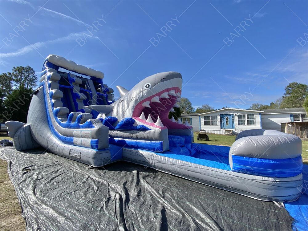 실내 야외 캐슬 인플라터블 바운서 상어 테마 슬라이드, 수영장이 있는 어린이용 인플라터블 워터 더블 슬라이드